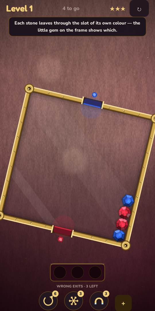 Tumble gameplay — rotate the glass box so each gem leaves through the exit of its own colour