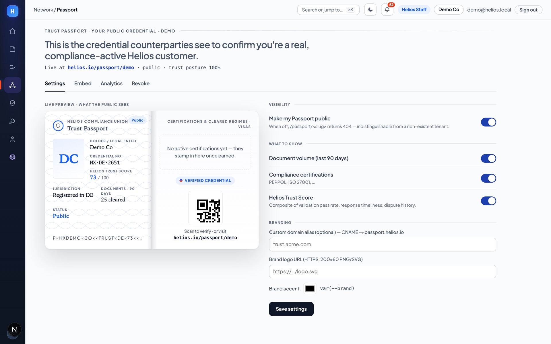 Helios Trust Passport — a public, scan-to-verify compliance credential