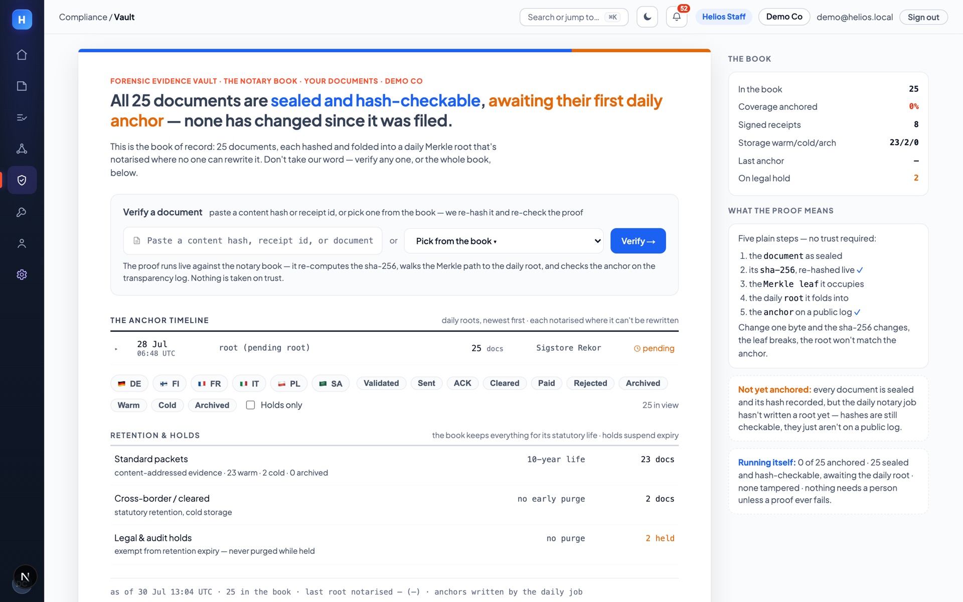 Helios vault — a tamper-proof, hash-checkable record of every document