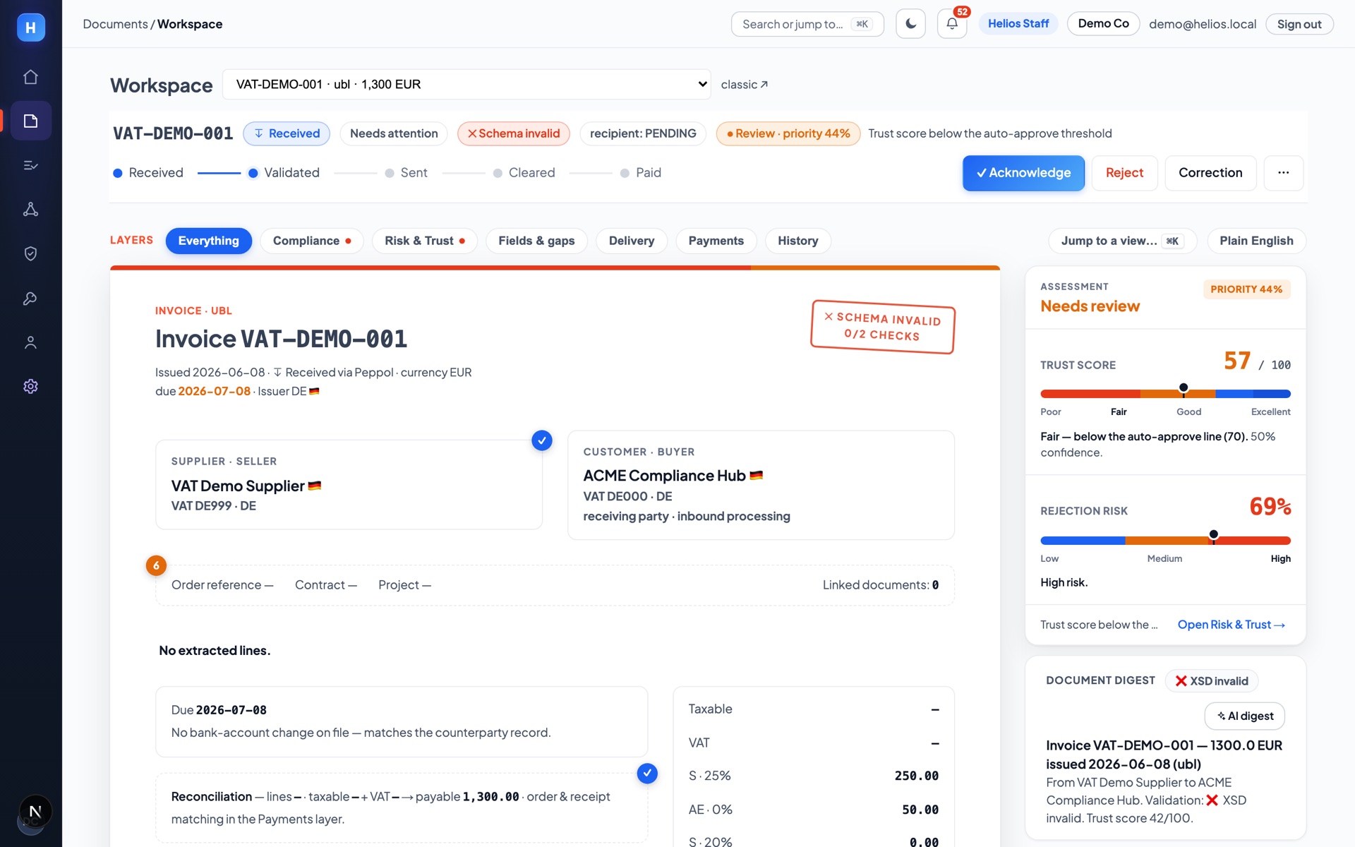Helios workspace — verify an invoice before it is paid